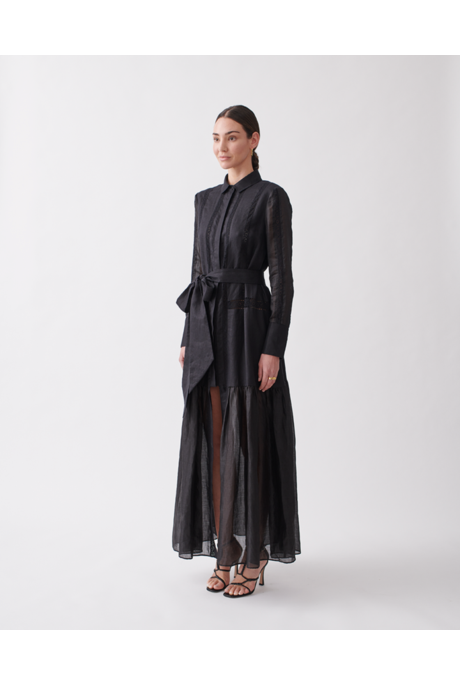 MELISSA LINEN RAMIE CROCHET MAXI SHIRT DRESS (BLACK)