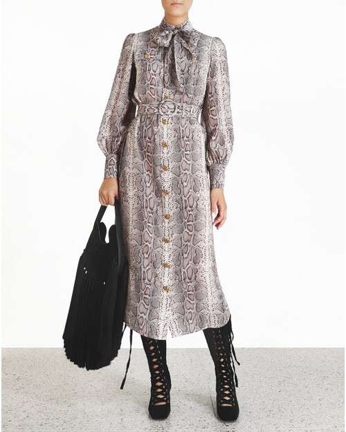 SILK TIE MIDI DRESS (BONE SNAKE)- ZIMMERMANN SPRING 21 Boxing Day Sale