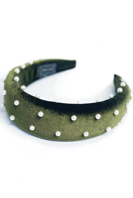 BEADED PEARL VELVET ALICE BAND (GREEN)