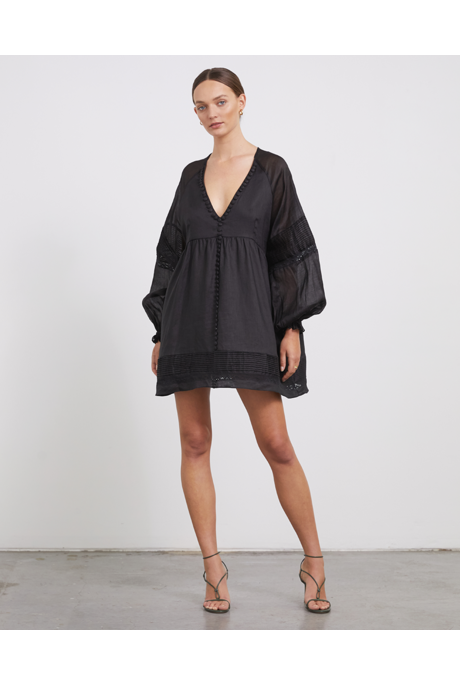 LILLIAN LINEN RAMIE SMOCK DRESS (BLACK)