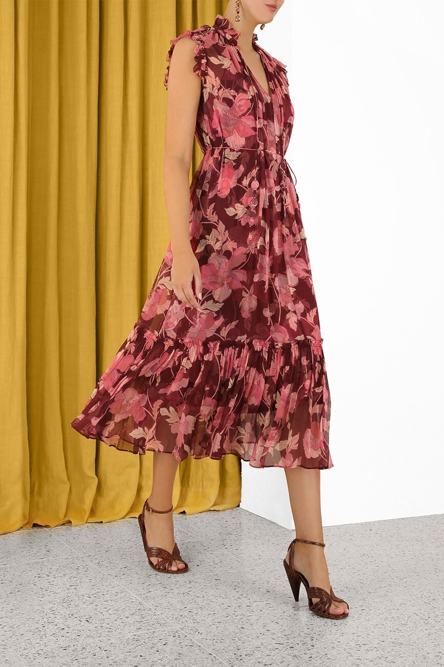 CONCERT FLUTTER DRESS (BURGUNDY PEONIES)- ZIMMERMANN SPRING 22 Boxing Day  Sale