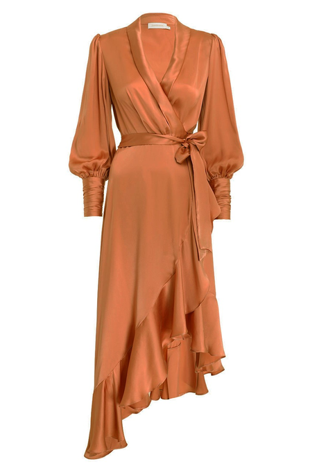 SILK WRAP MIDI DRESS (TAN)