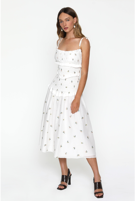 LUSTER SMOCKED MIDI DRESS (WHITE)