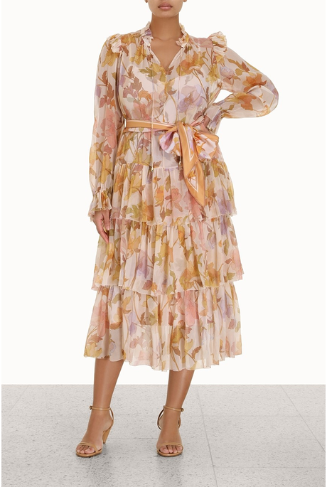 TEMPO TIERED FRILL MIDI DRESS (RAINBOW PEONIES)