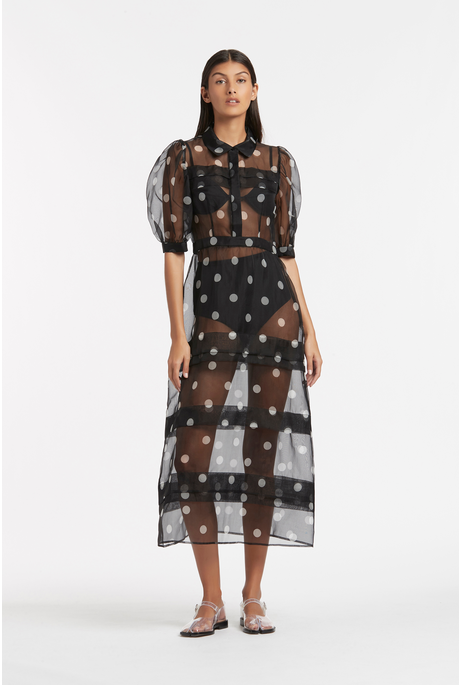 MARGOT TIERED MIDI DRESS (BLACK POLKA DOT)