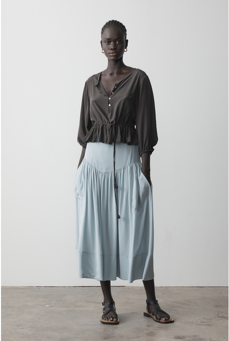 Rosewood Silk V Yoke Midi Skirt by Soleiluna | Lynn Woods