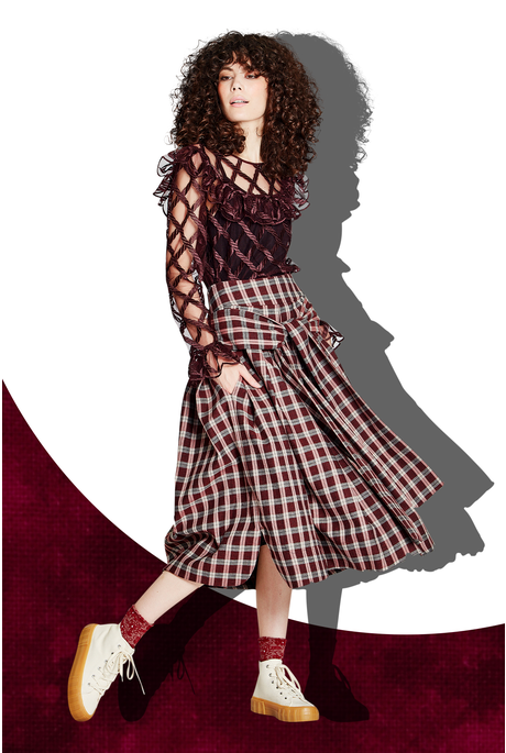 ROUND & ROUND WE BOW SKIRT (BURGUNDY CHECK)