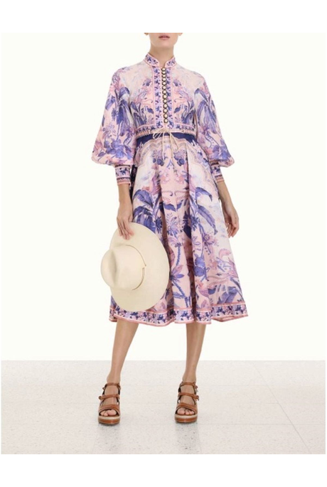 LYRE BILLOW SLEEVE MIDI DRESS (PURPLE PALM)