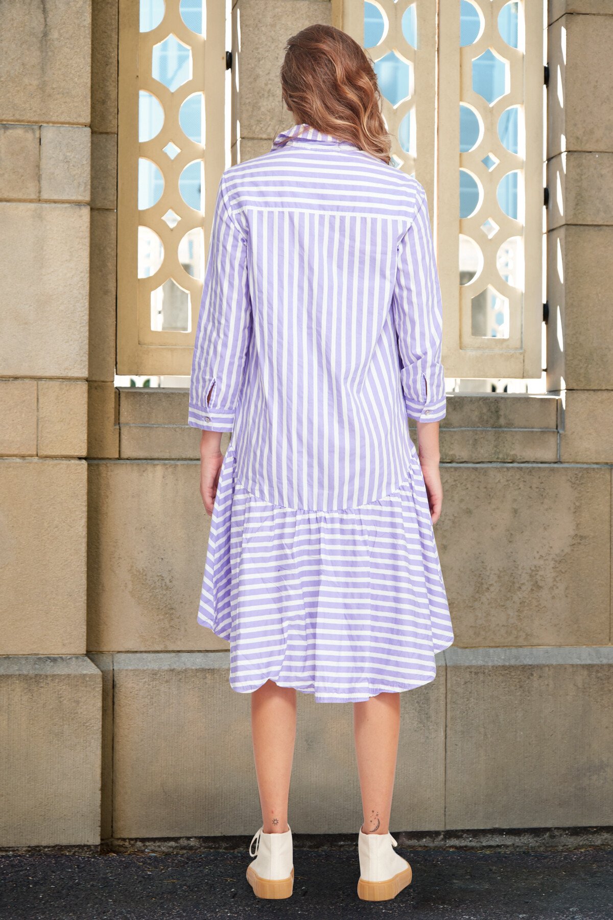 Purple and shop white striped dress