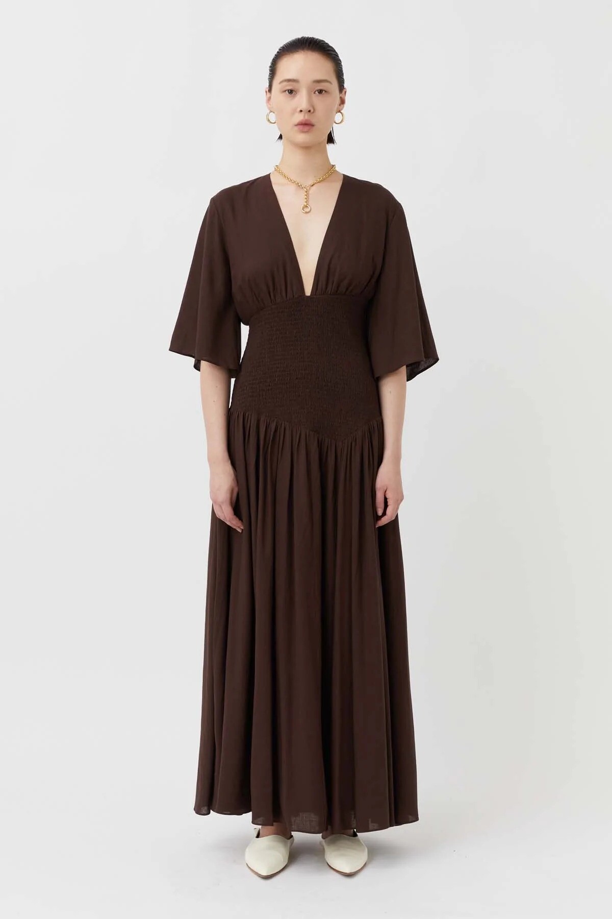 CASTILLE SHIRRED DRESS CHOCOLATE CAMILLA AND MARC SUMMER 23 Boxing Day Sale