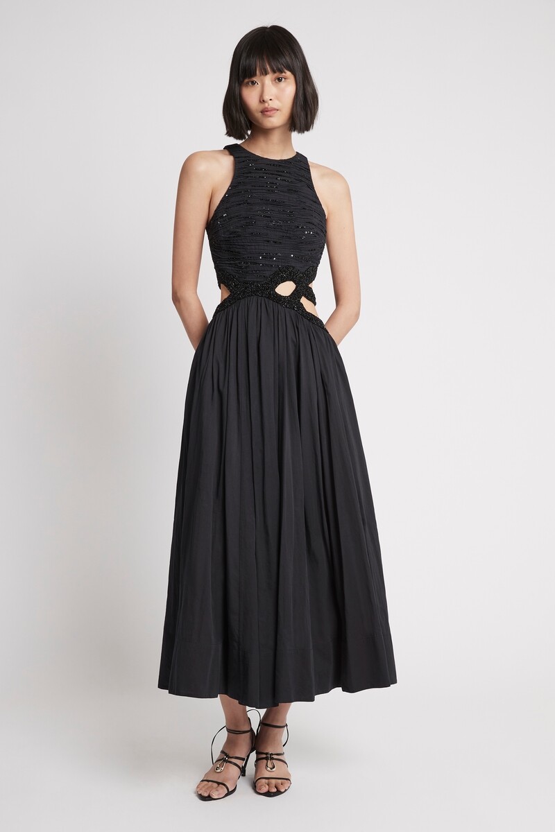 NEW CATARA SEQUIN MIDI DRESS (BLACK)- AJE. SUMMER 23 Boxing Day Sale