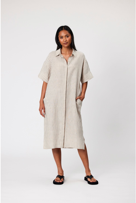 SHADOW LINEN DRESS (NATURAL STRIPE)