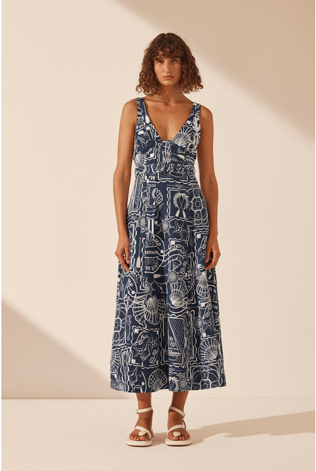 AMELIE PLUNCHED PANELLED MIDI DRESS (NAVY/IVORY)