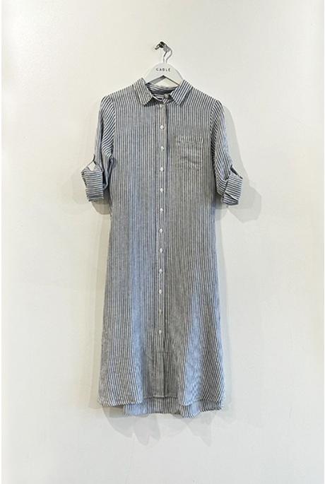 PURE LINEN SHIRT DRESS (BLUE STRIPE)