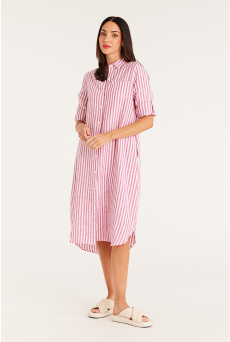 PURE LINEN SHIRT DRESS (PINK STRIPE)