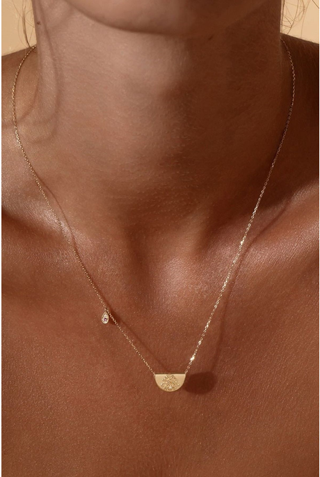 14K GOLD LOTUS BIRTHSTONE DIAMOND NECKLACE (PINK TOURMALINE)