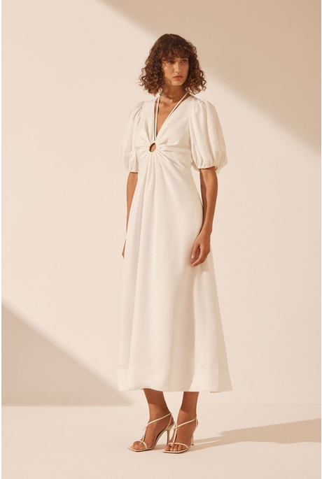 BLANC RUCHED KEYHOLE MIDI DRESS (IVORY)
