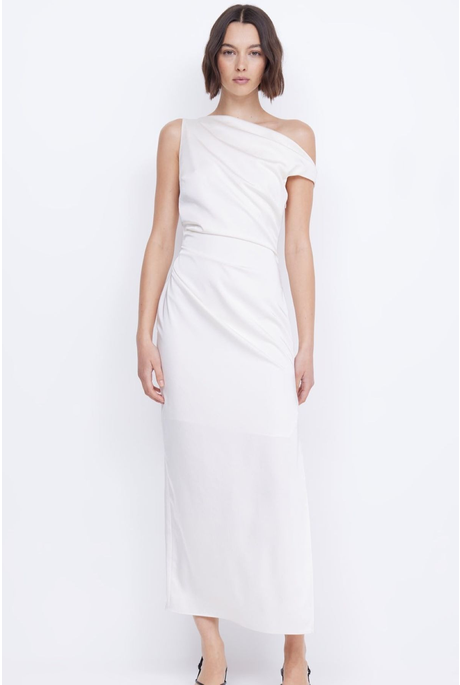 ROCHELLE ASYM MIDI DRESS (CREAM)