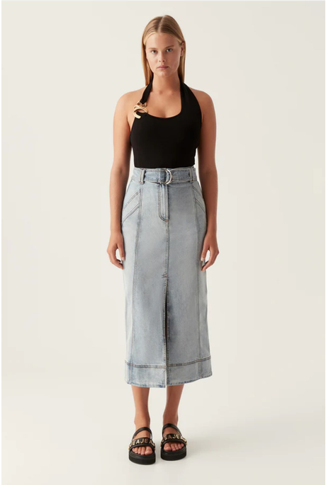 EMBRACE DENIM MIDI SKIRT (TWO TONE INDIGO)