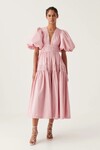 FALLING WATER RUCHED MIDI DRESS (CHALK PINK)