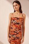 RUBI OPEN BACK RUCHED MIDI DRESS (TANGERINE/MULTI)