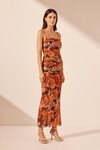 RUBI OPEN BACK RUCHED MIDI DRESS (TANGERINE/MULTI)