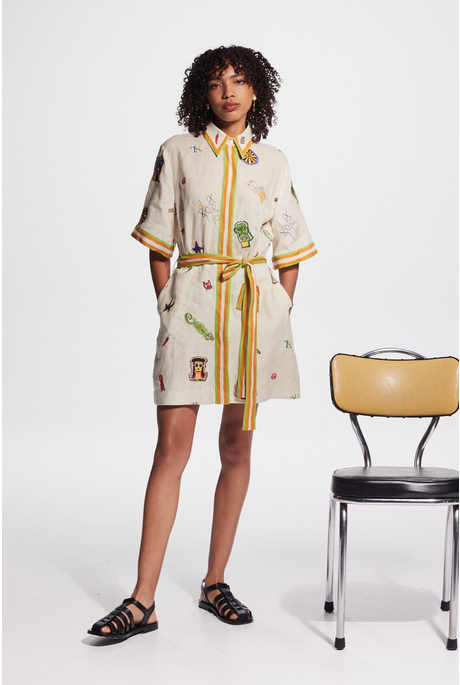 CHECKERS EMBROIDERED MINI DRESS (CREAM)