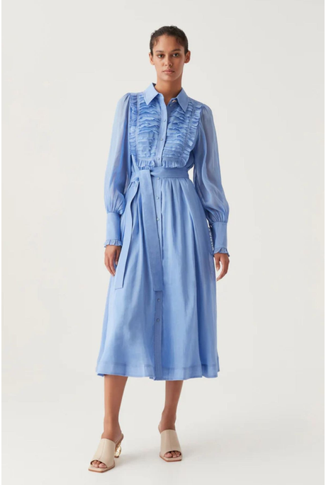 IRIS PLEATED RIB MIDI DRESS (MIST BLUE)