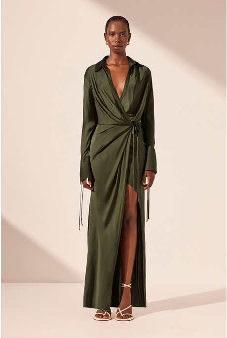 SHAE DRAPED SHIRT MAXI DRESS (PINE GREEN)