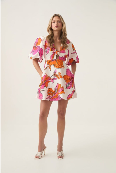 OVERFLOW KNOTTED MINI DRESS (VIVID HIBISCUS) 