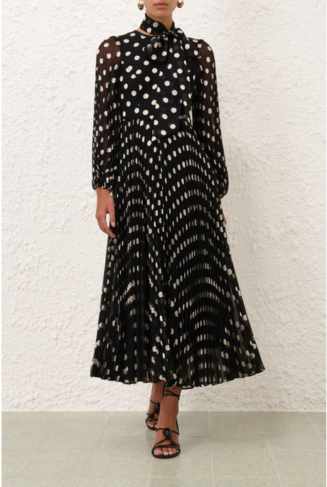 PUSSYBOW MIDI DRESS (BLACK/CREAM SPOT)
