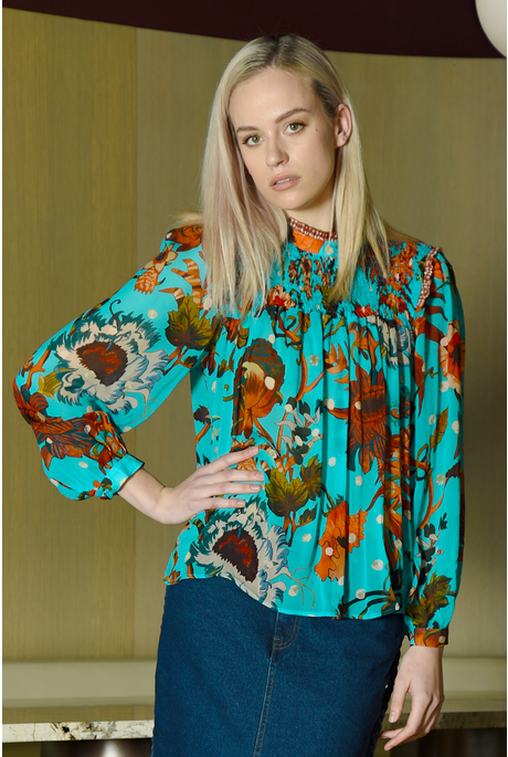 SHIRR THING TOP (BLUE FLORAL)