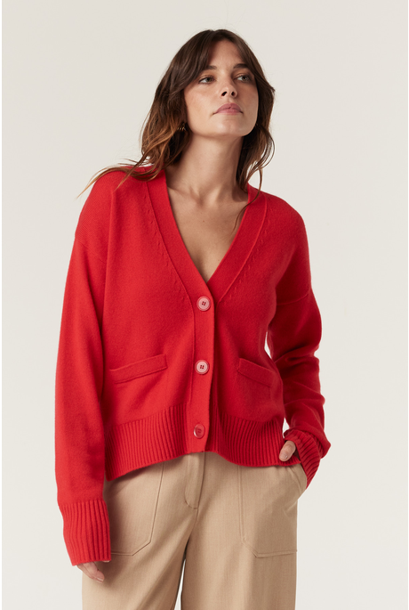 CASHWOOL V CARDIGAN (POPPY RED)