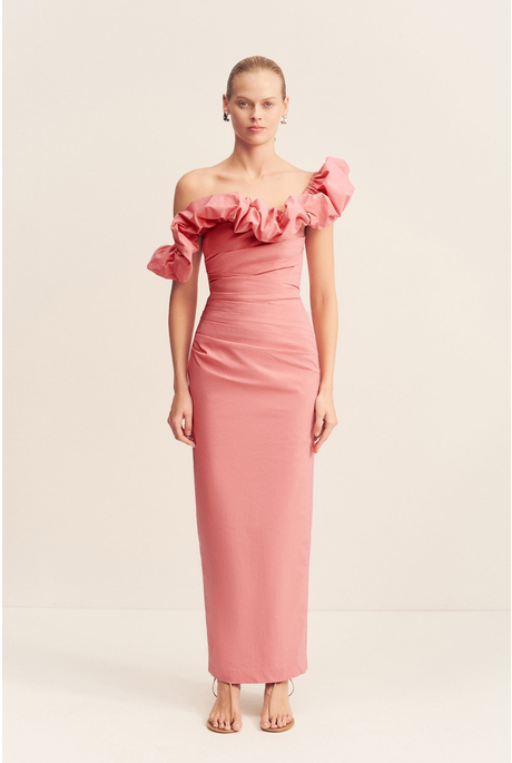 CAMPBELL RUFFLE DRAPED MIDI DRESS (BUBBLEGUM)
