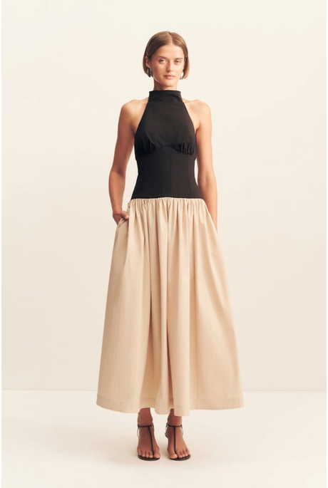 CAMPBELL CONTRAST HALTER MIDI DRESS (OAT MILK)